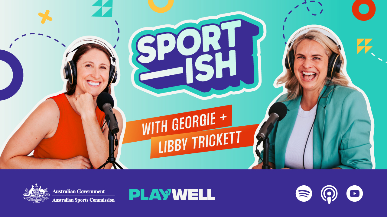 Libby Trickett and Georgie smiling with headphones on with their new podcast branding "Sport-ish" in the background