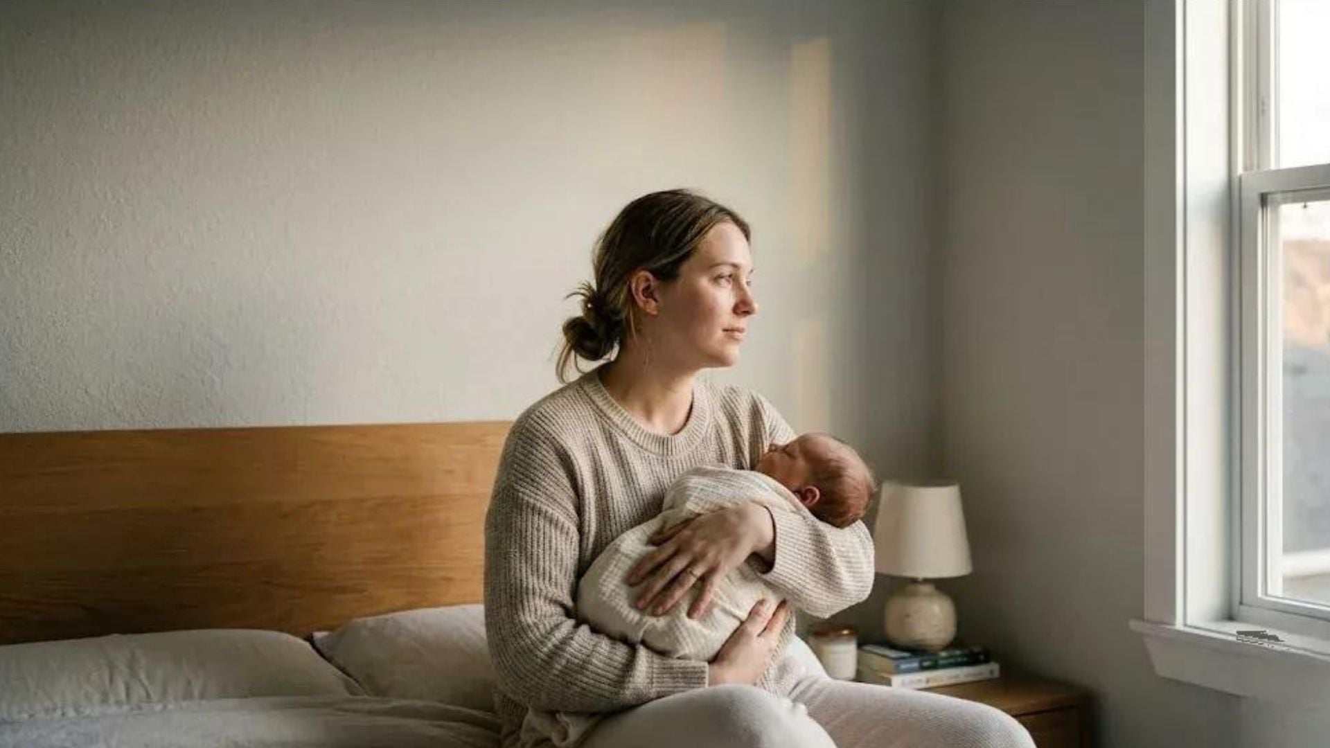 A mother sits on a bed holding her newborn baby, gazing thoughtfully toward a window.