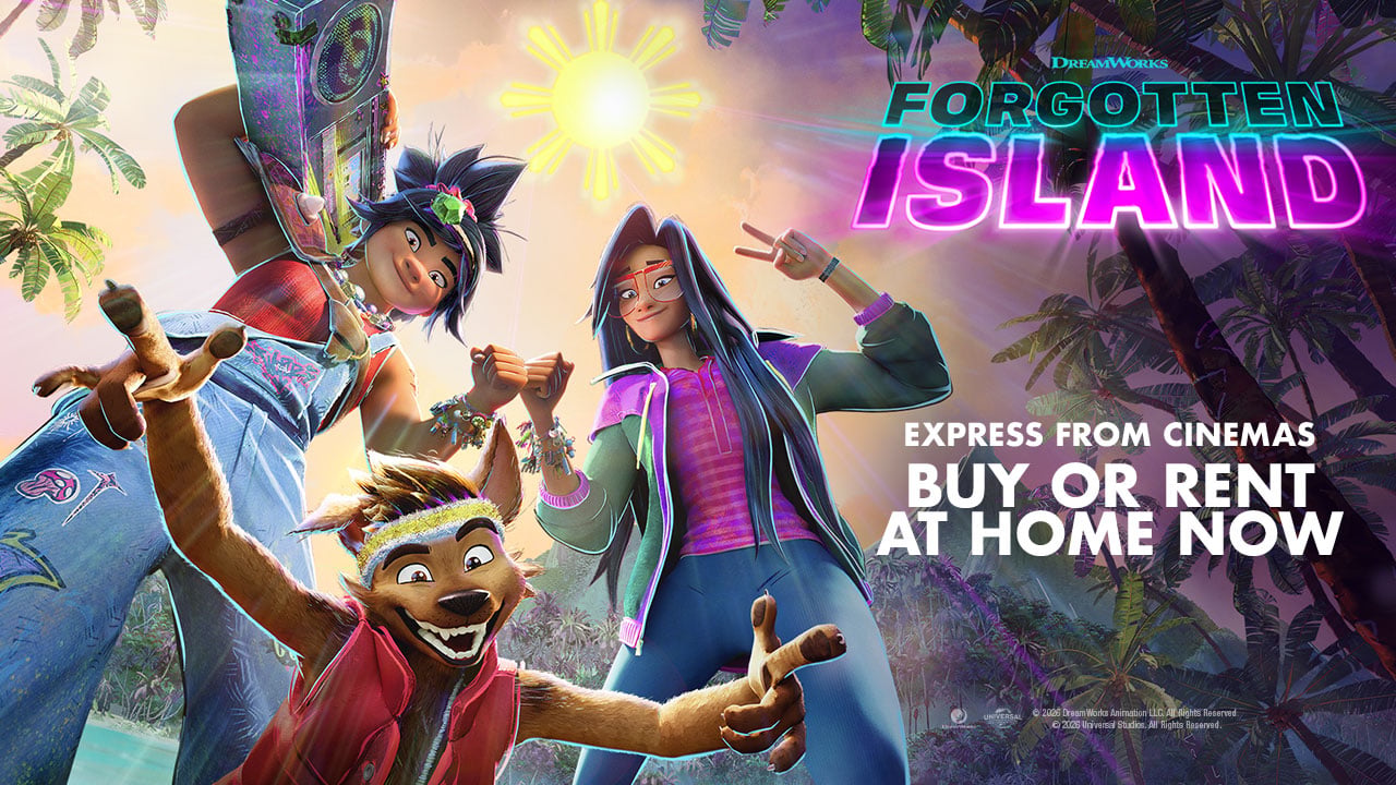 DreamWorks Animation’s Forgotten Island artwork featuring animated characters in a vibrant tropical island setting with palm trees, mountains and the film title in neon text.