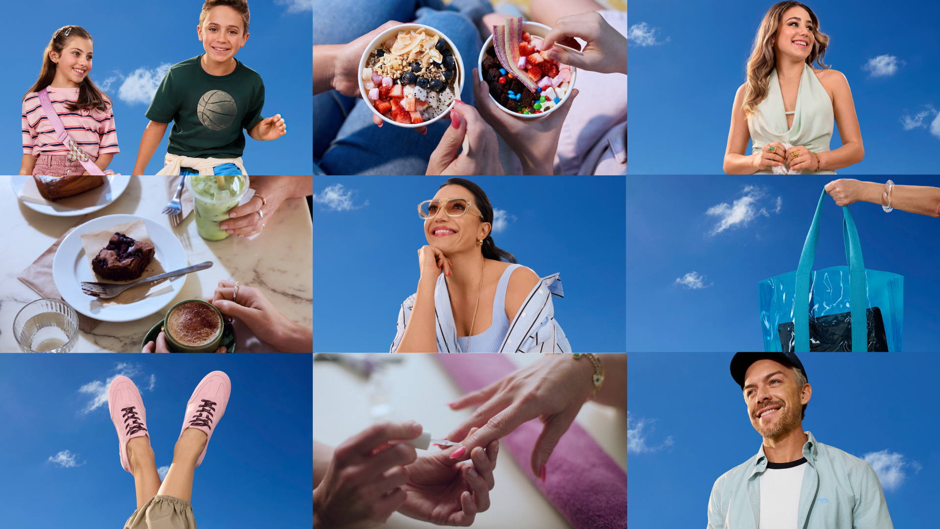 Spring campaign collage featuring shoppers, kids, fashion, food, coffee, beauty and shopping against a bright blue-sky backdrop.