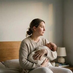 A mother sits on a bed holding her newborn baby, gazing thoughtfully toward a window.