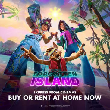 DreamWorks Animation’s Forgotten Island artwork featuring animated characters in a vibrant tropical island setting with palm trees, mountains and the film title in neon text.